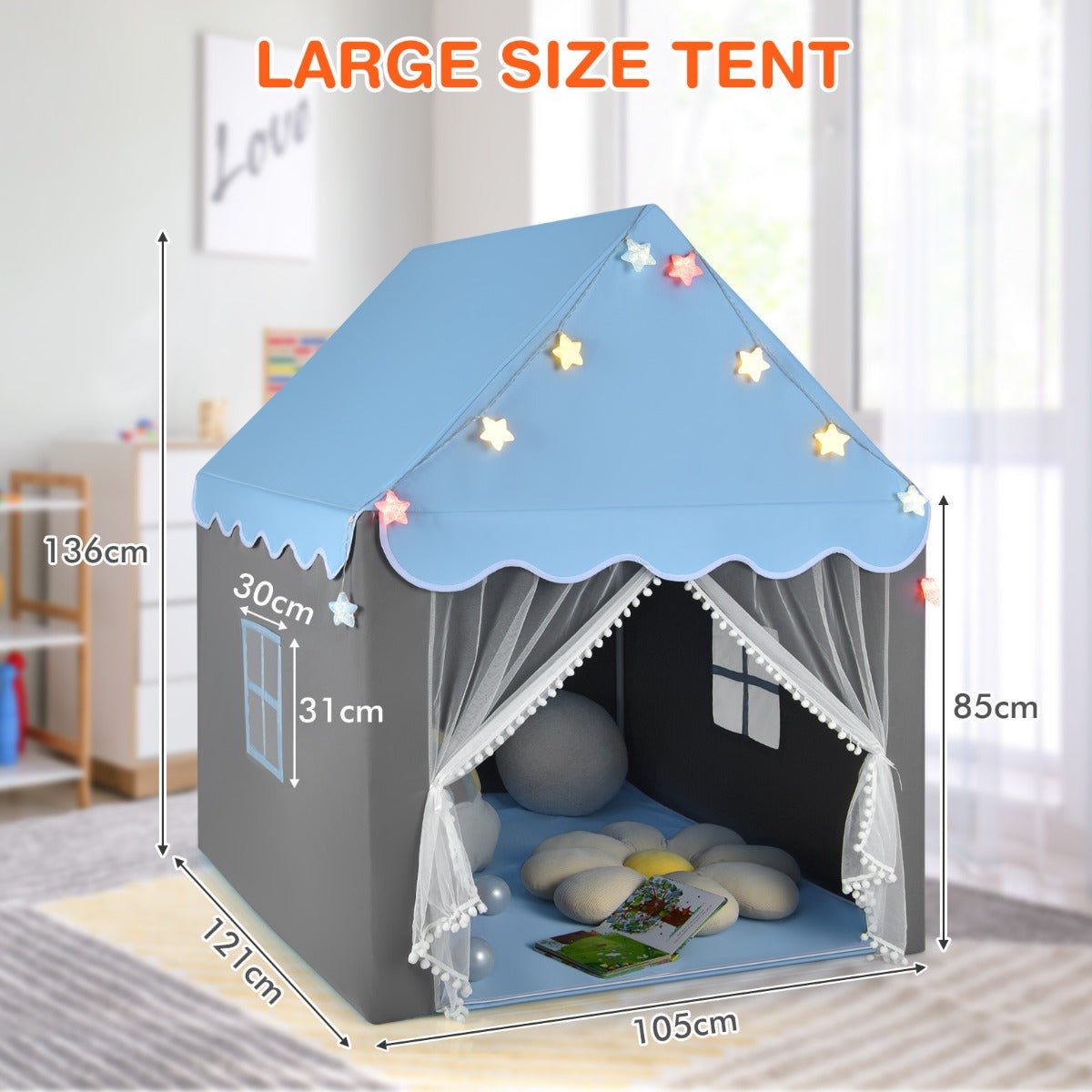 Playful Blue Castle Kids Playhouse Tent with Lights and Washable Mat for imaginative indoor fun.