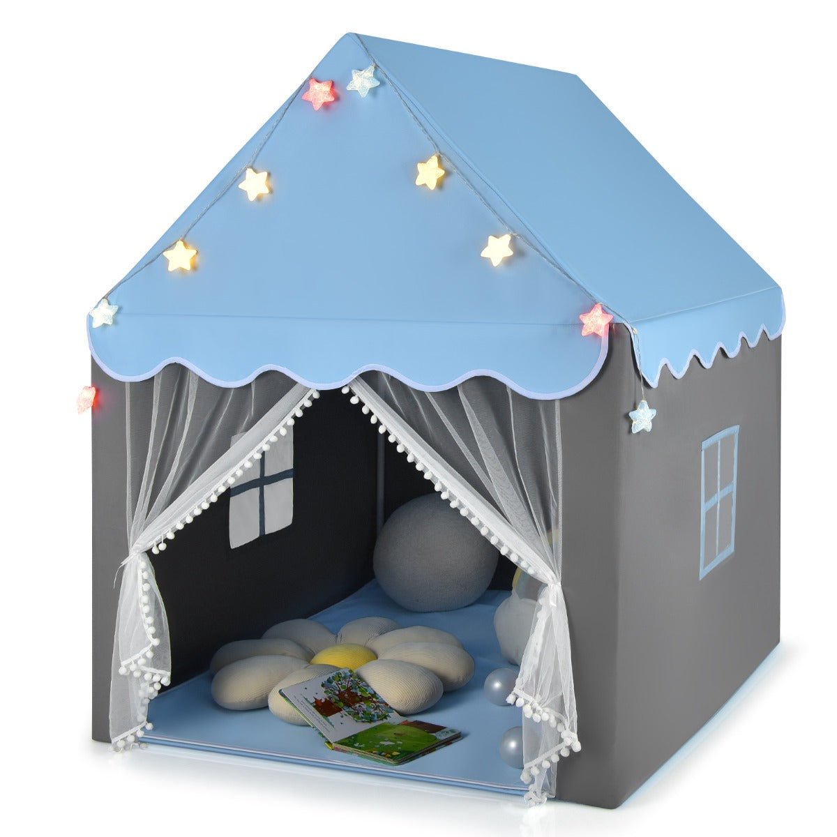 Blue Castle Kids Playhouse Tent with Lights and Washable Mat for imaginative home play.