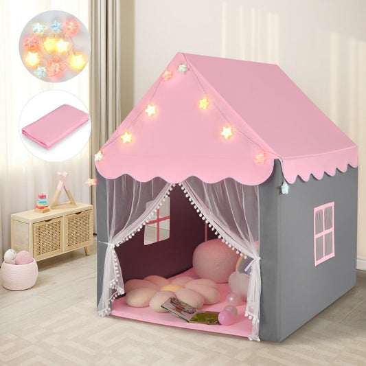 Pink princess castle playhouse tent with lights and mat for imaginative indoor play.