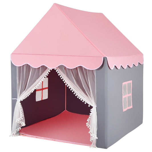 Kids pink princess castle playhouse tent with lights and mat for playful home fun