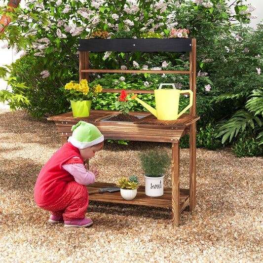 Kids wooden potting bench with 4 pots, perfect for outdoor gardening activities and playtime.