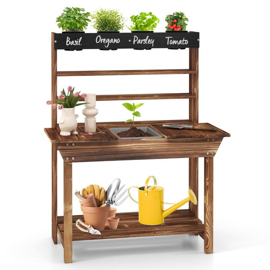 Kids wooden potting bench with 4 pots, ideal for outdoor gardening play at home.