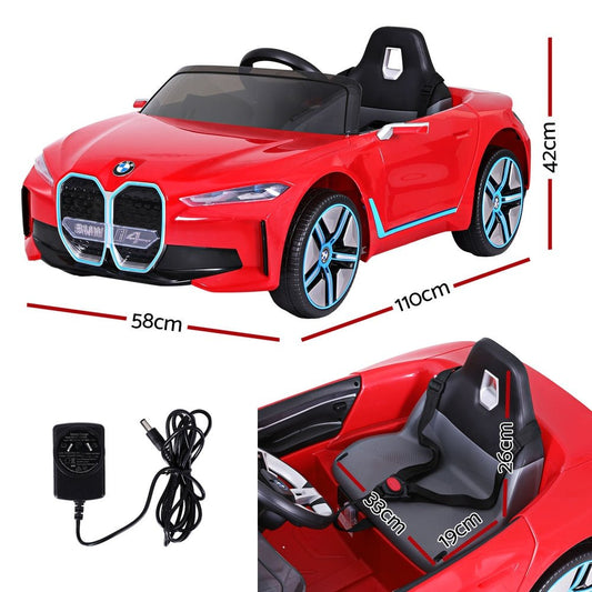 Red BMW I4 Sports Ride On Car for kids with remote control. Ideal for home fun.