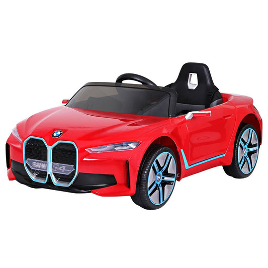 Red Kids BMW I4 Ride On Car with Remote Control, ideal for indoor fun.