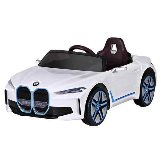 White Kids BMW I4 Sports Ride On Car with Remote Control, perfect for home fun.