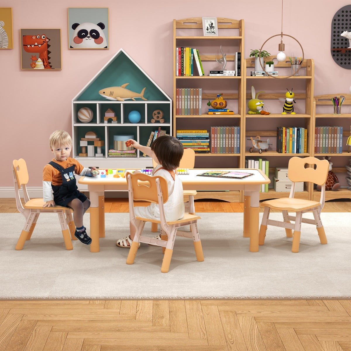 Kids table and chairs set with adjustable height feature and fun graffiti desktop design