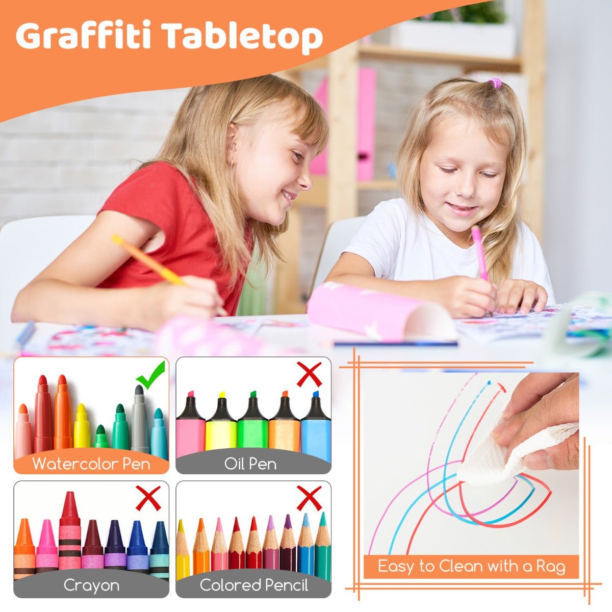 Kids table and chairs set with adjustable height and graffiti-themed desktop for creative play