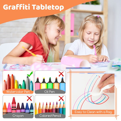 Kids table and chairs set with adjustable height and graffiti-themed desktop for creative play