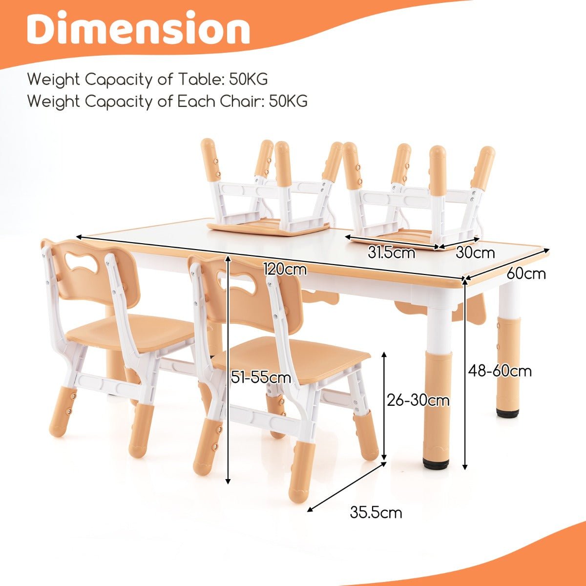 Kids table and chairs set with adjustable height and graffiti desktop for creative play