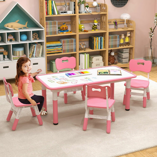 Kids table and chairs set with graffiti top in pink for creative play and learning.