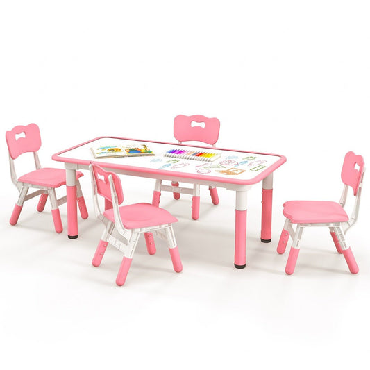 Kids table and chairs set with graffiti top in pink for creative play at home.