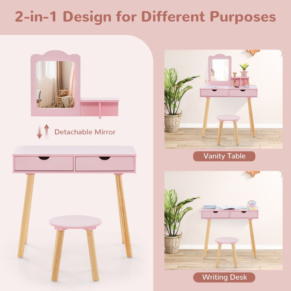 Kids pink wood vanity table set with mirror, drawers for imaginative play and grooming.