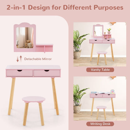 Kids pink wood vanity table set with mirror, drawers for imaginative play and grooming.