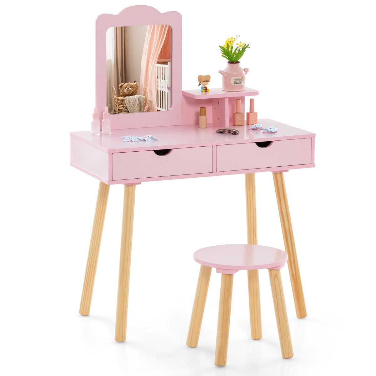 Kids pink wood vanity set with mirror, drawers, and stool for imaginative playtime.