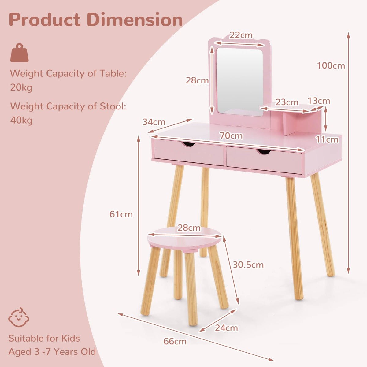 Kids pink wood vanity set with mirror, drawers, and stool for imaginative play.