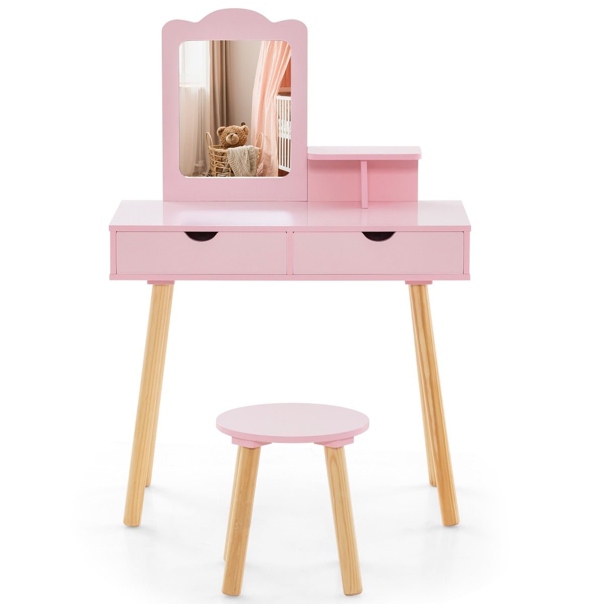 Kids pink vanity set with mirror, drawers, and stool - perfect for pretend play.