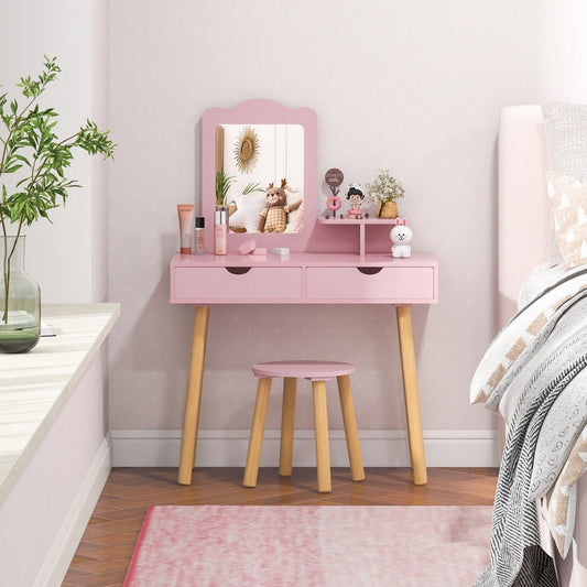 Kids pink vanity set with mirror and drawers, perfect for imaginative play and storage.