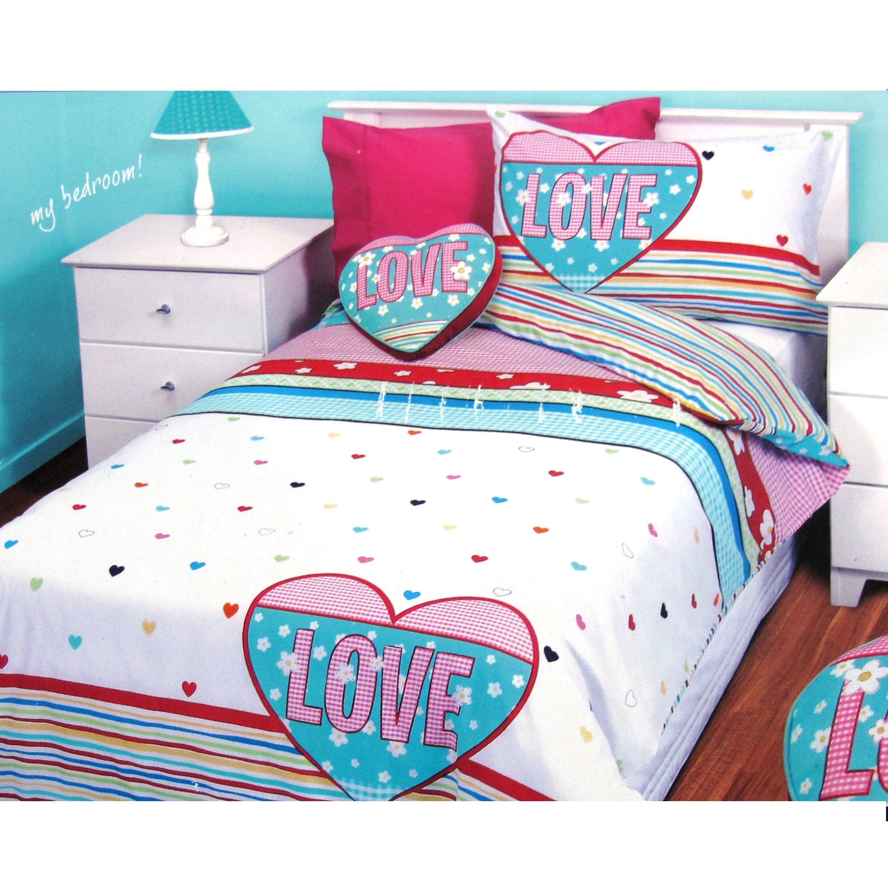 Single size quilt cover set featuring vibrant colorful hearts design for girls bedrooms.