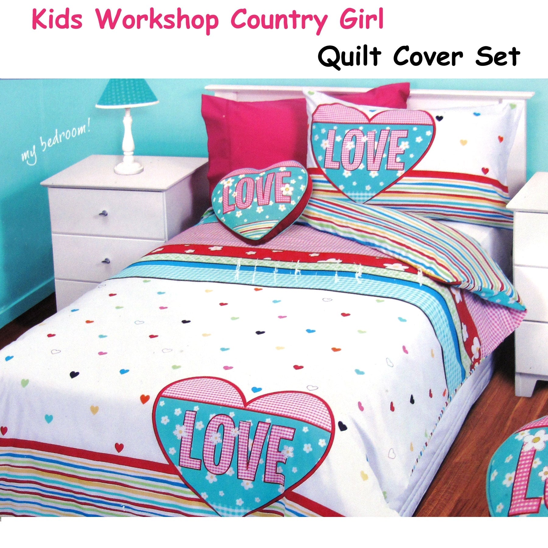 Single size quilt cover set with colorful hearts pattern, perfect for decorating girls rooms