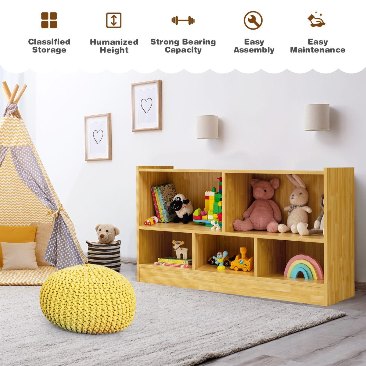 Yellow kids bookshelf and toy organizer with 5 cube storage for playful room organization.