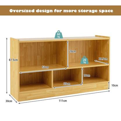 Kids yellow bookshelf and toy organizer with 5 cube storage cabinet for fun storage.