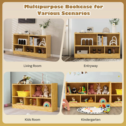 Yellow kids bookshelf and toy organizer with 5 cube storage - perfect for organizing toys.