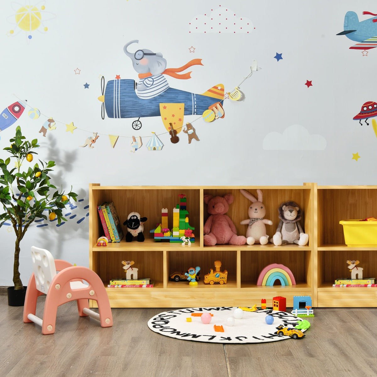 Kids yellow bookshelf and toy organizer | 5 cube storage cabinet for playful and organized rooms.