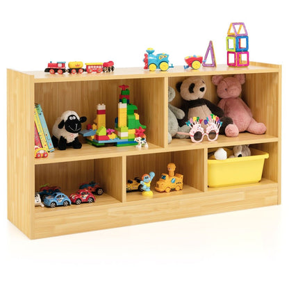 Yellow bookshelf and toy organizer with 5 cube storage, perfect for kids bedroom or playroom.