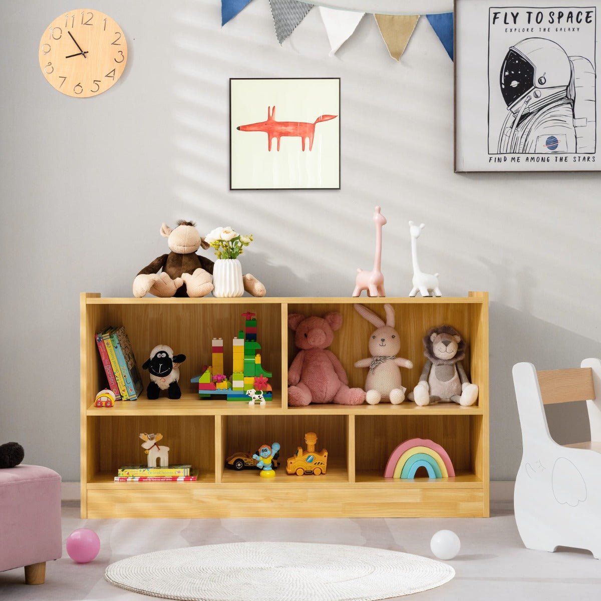 Yellow Kids Bookshelf and Toy Organizer - 5 Cube Storage Cabinet for playful and organized rooms.