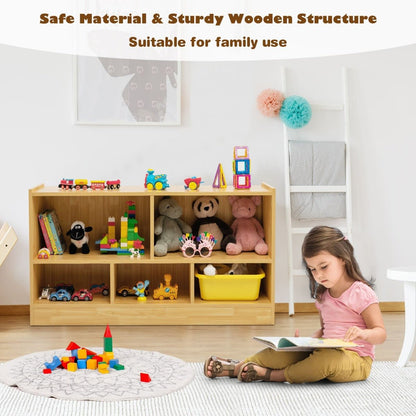 Yellow kids bookshelf with toy organizer, 5 cube storage cabinet for playful home organization.