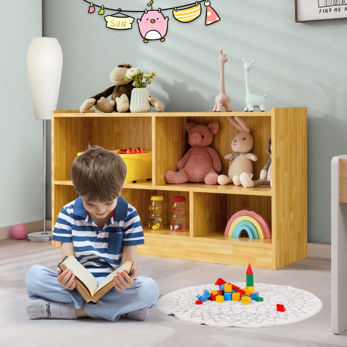 Colorful 5-cube storage cabinet ideal for kids toys and books organization at home.