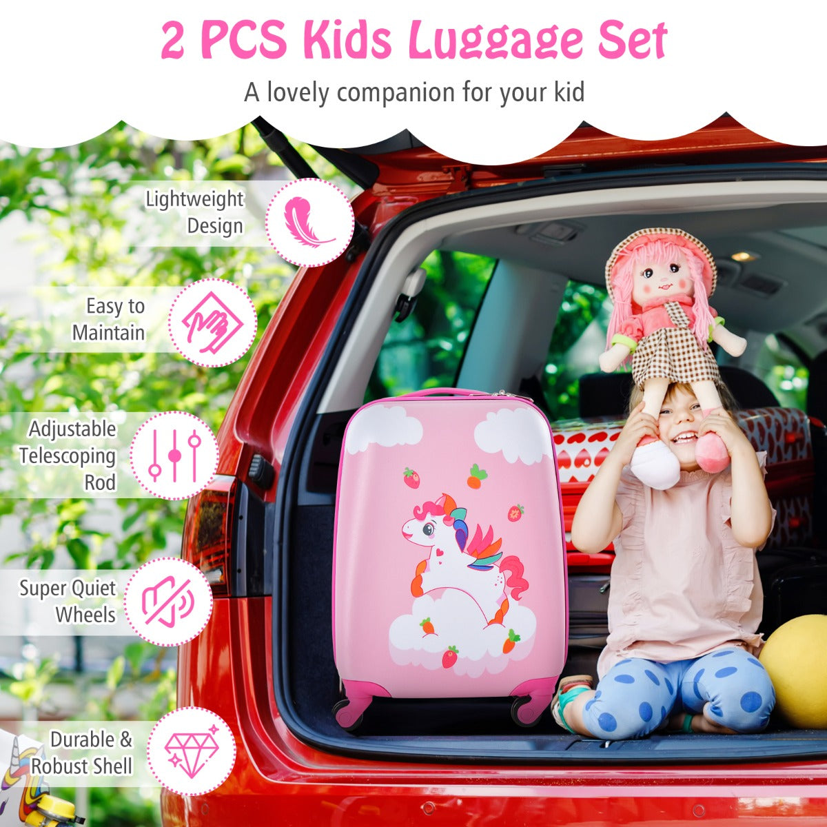 Cloud Pink 2-Piece Kids Luggage Set and Backpack with Spinner Wheels - Travel-ready for kids.