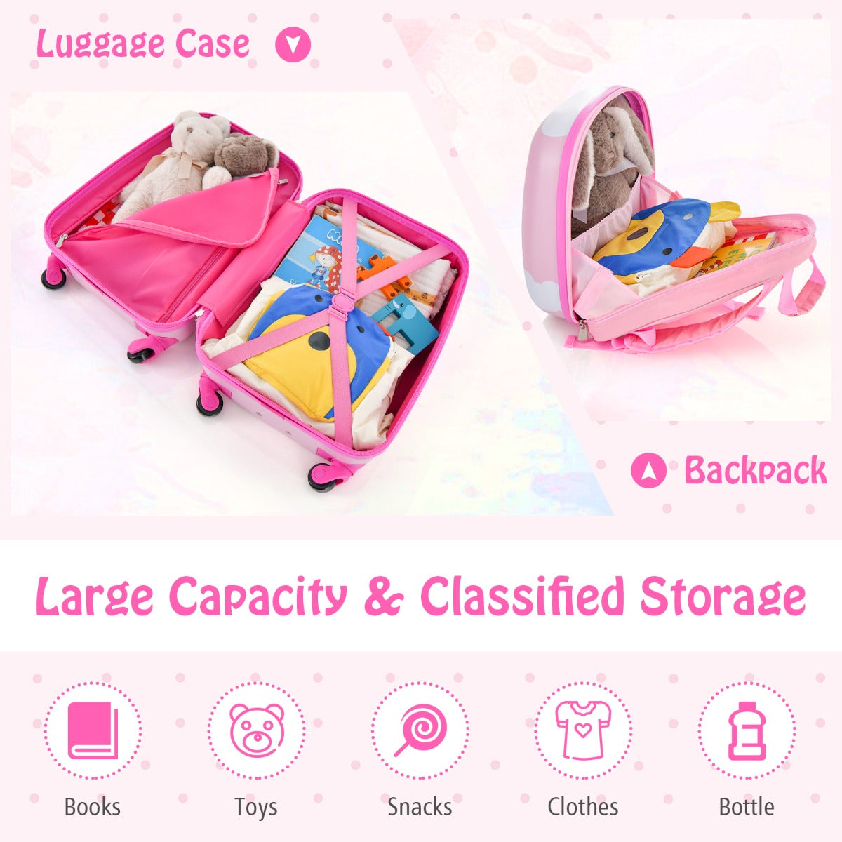 Cloud Pink kids luggage set with spinner wheels and backpack, perfect travel carry-on for children.