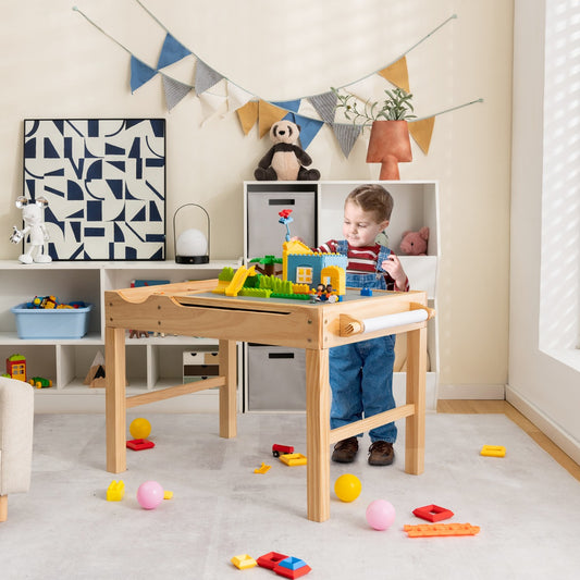 Versatile childrens activity table with reversible top and storage, crafted from natural wood for play and learning