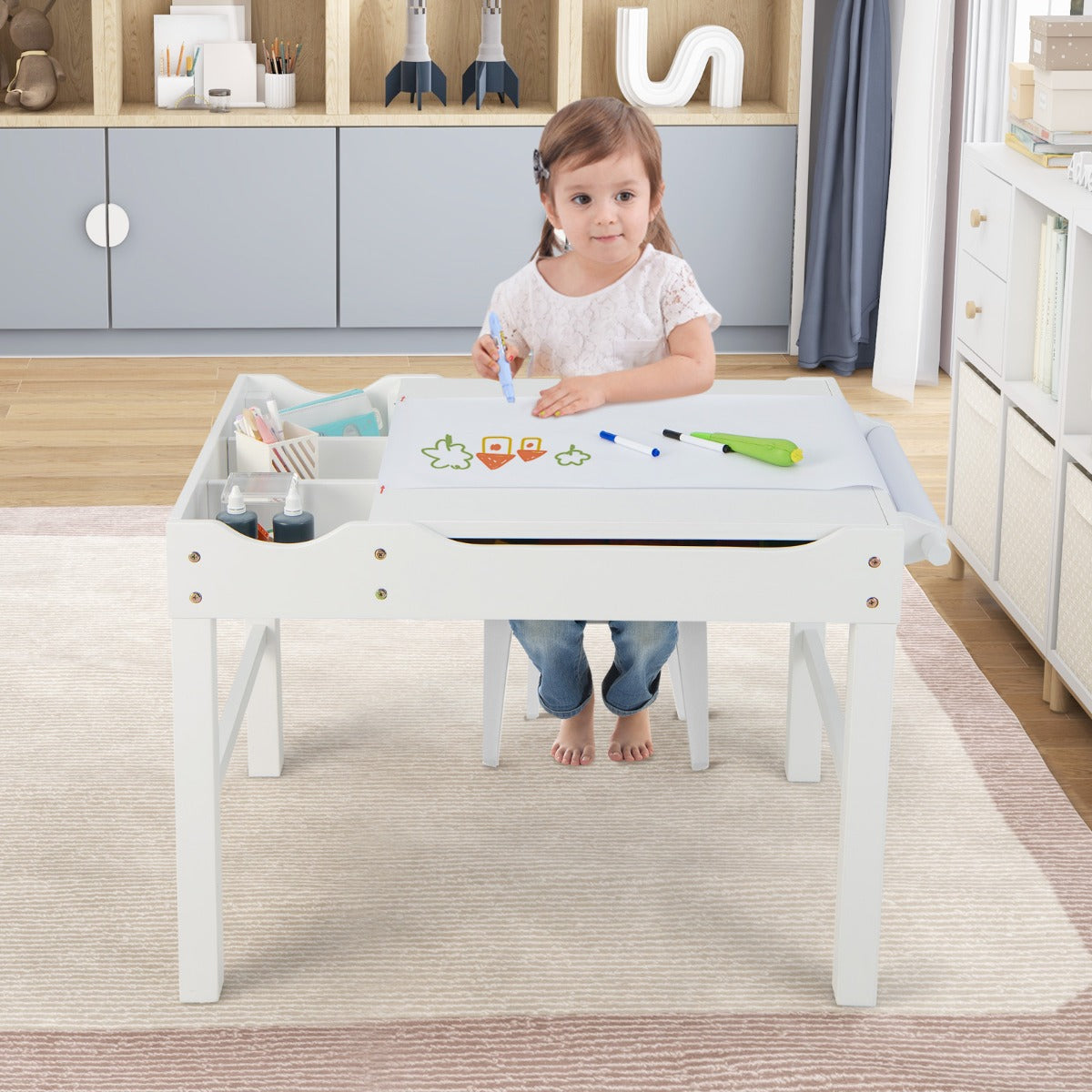 White childrens activity table with reversible top and storage offers versatile play and organization space for creative...