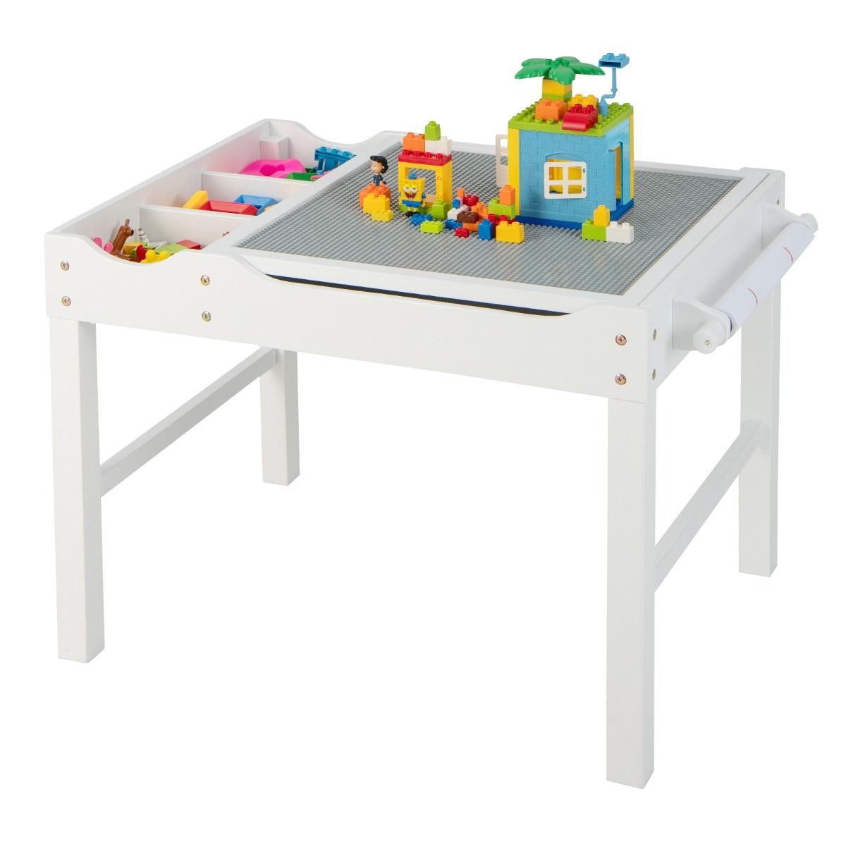 White childrens activity table with reversible top and built-in storage offers versatile play and organization space.