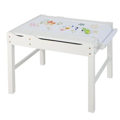 Childrens activity table with reversible white top and built-in storage for versatile play and organization.