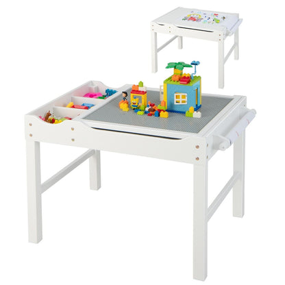 White childrens activity table with reversible top and storage offers versatile play and organization for creative projects.