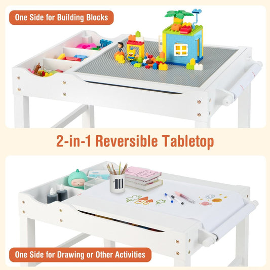 Childrens reversible activity table with white top and built-in storage offers versatile play and organization space.