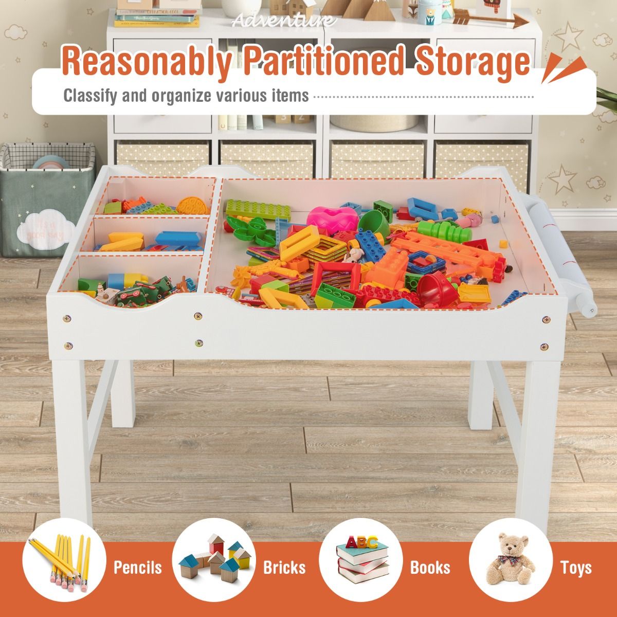 Versatile childrens activity table with reversible white top and built-in storage for creative play and organization.