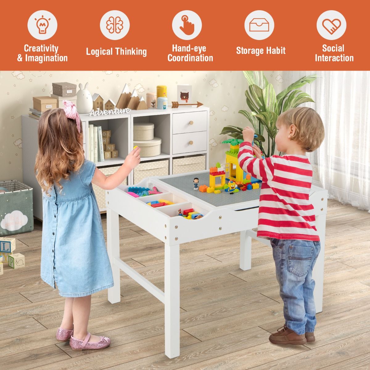 White childrens activity table with reversible top and built-in storage for versatile play and organization.