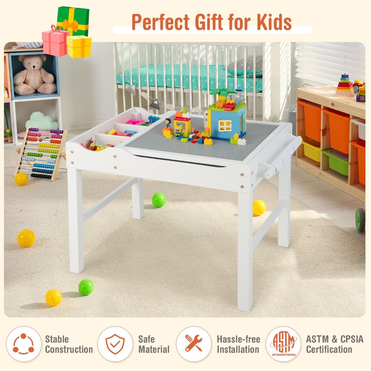 White childrens activity table features reversible top and built-in storage for versatile play and organization.