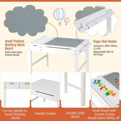 Versatile childrens activity table with reversible white top and built-in storage for creative play and organization.