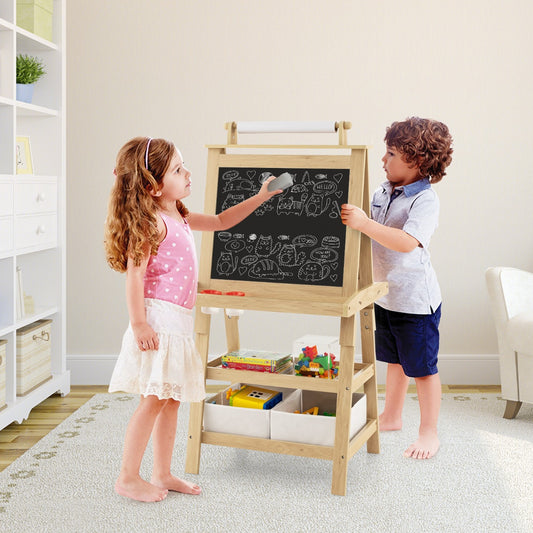 Double-sided wooden art easel for kids with chalkboard, whiteboard, and storage - creativity and fun at home.