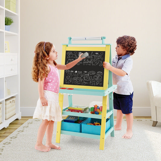 Kids wooden double-sided art easel with storage, ideal for creative play at home.