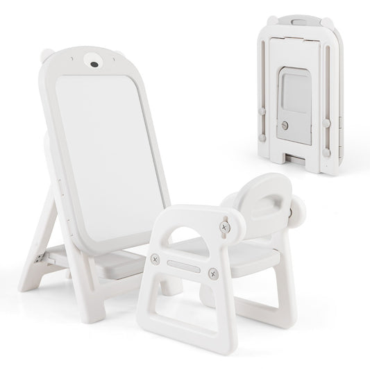 Kids art easel and chair set with whiteboard, perfect for creative play at home.