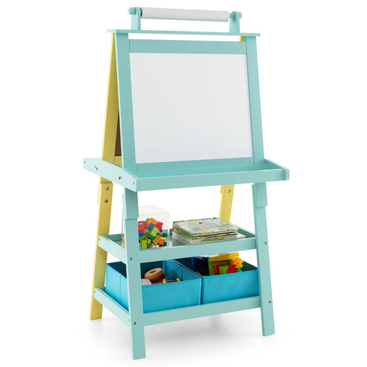 Kids wooden double-sided art easel with storage - chalkboard, whiteboard, paper roll station.