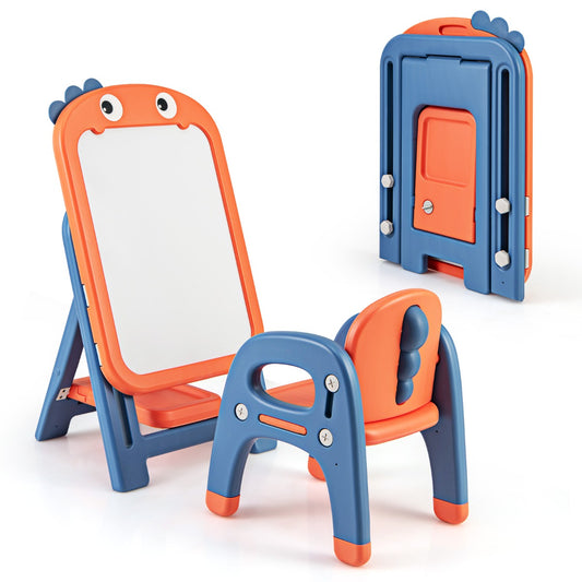 Blue Dinosaur-themed kids art easel and chair set with height adjustment for home creativity.