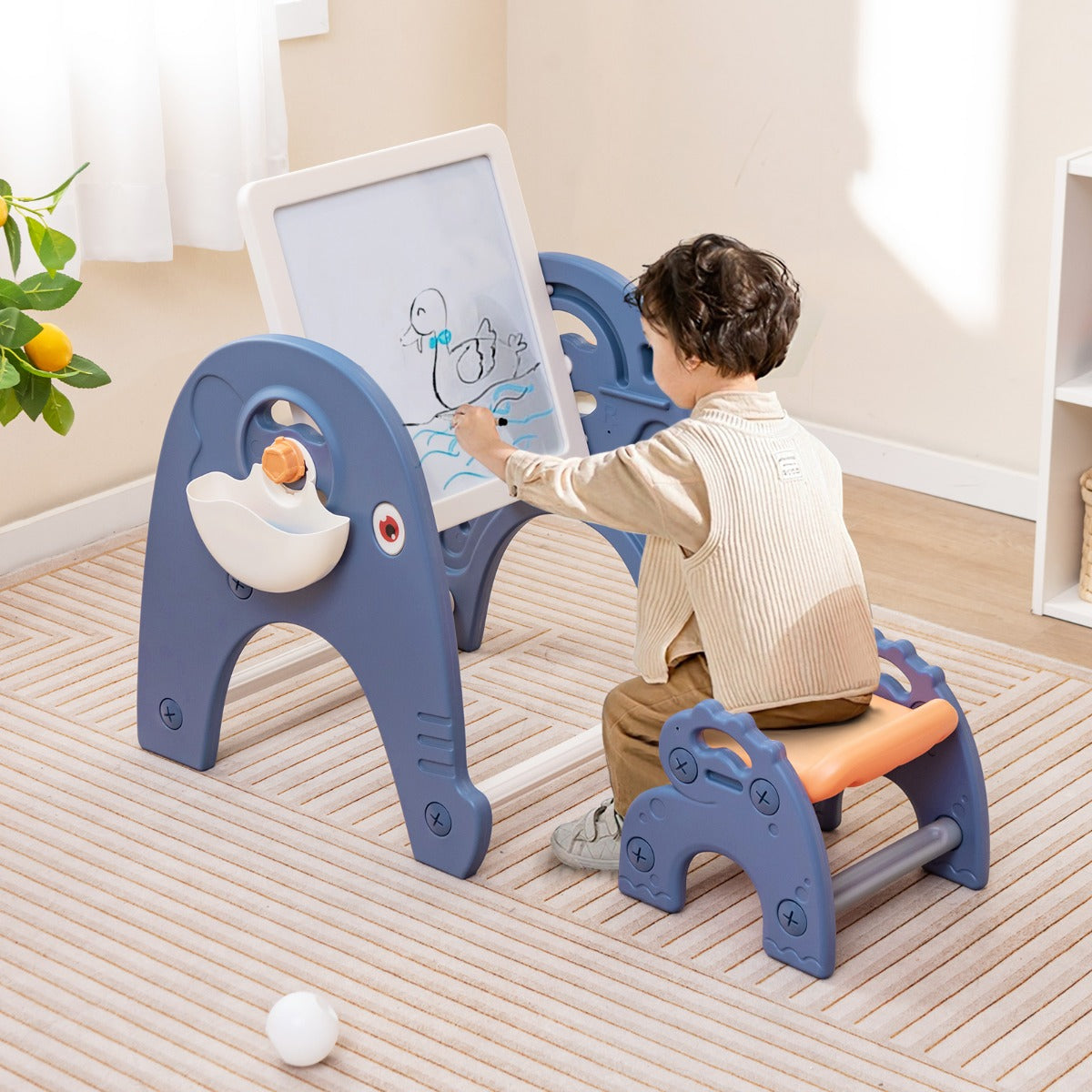 Kids Double-Sided Elephant Art Easel and Block Table Set with Stool - Creative Play Station