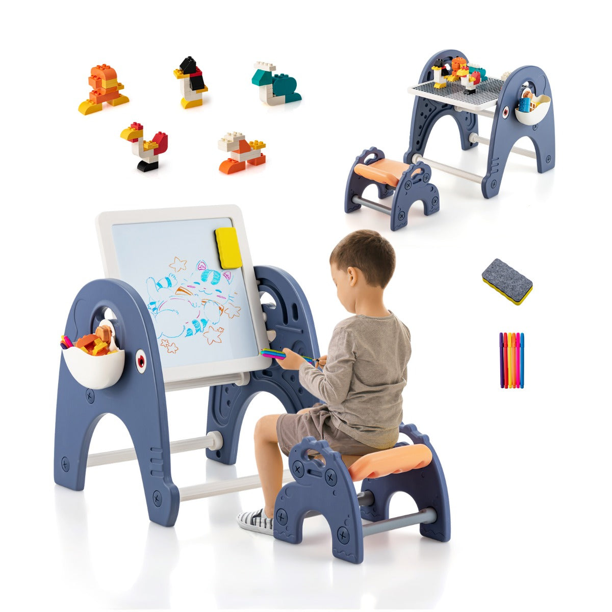 Kids art easel and building block table set with elephant theme, perfect for creative play.